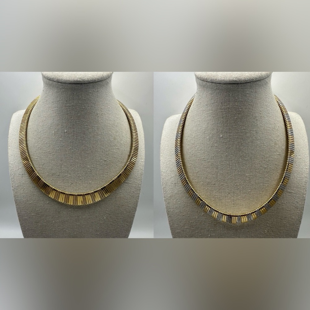 Vtg Gold Silver Two Tone Omega Chain Necklace Tubogas 15" Reversible Flat Signed
